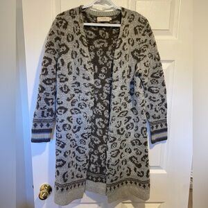 Cream Gray Leopard Print Longline Open Front Cardigan Sweater Size M